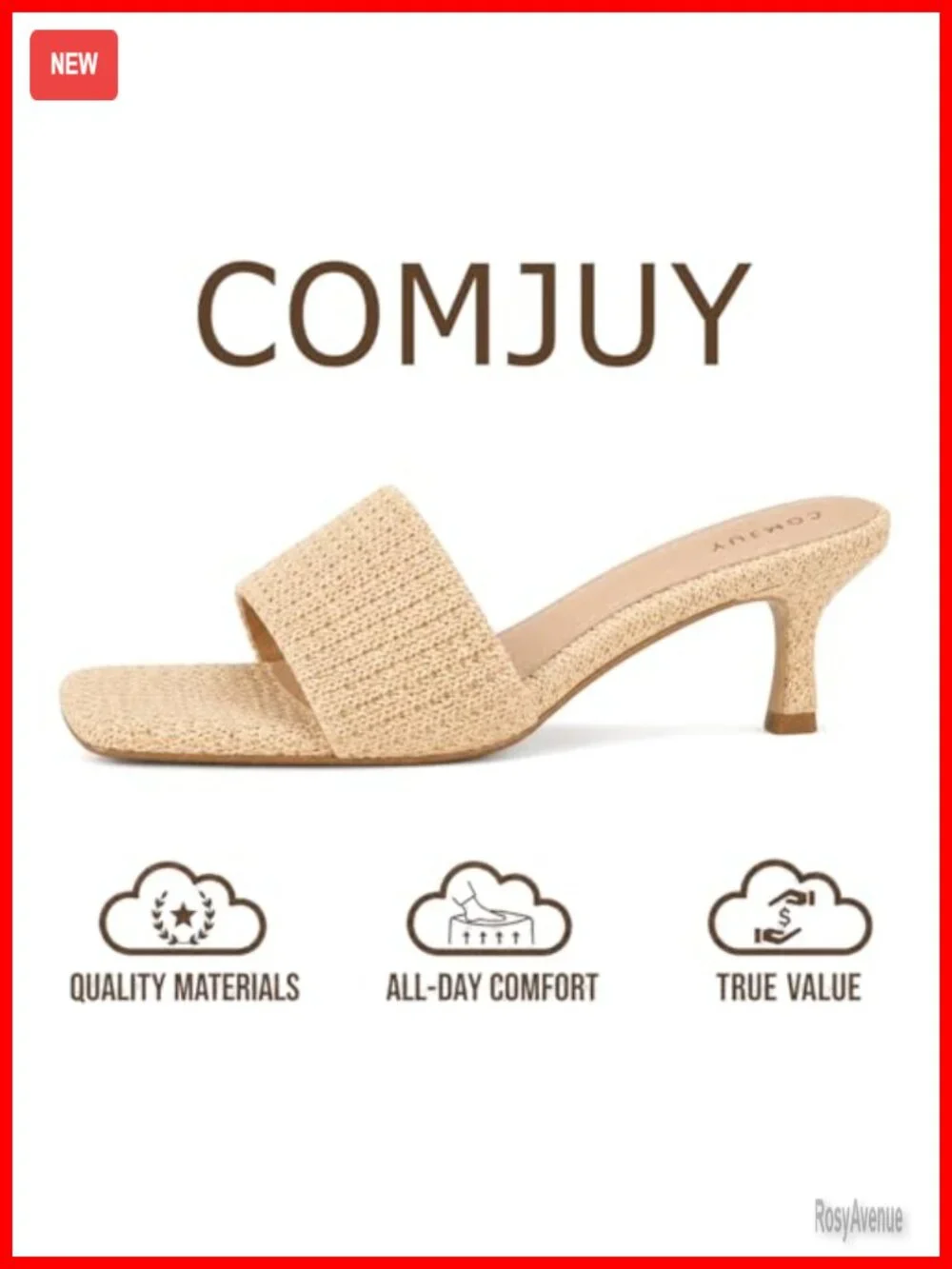 Raffia Kitten Heel Sandals Comfortable 2 Inch Square Toe Slide Summer Heels